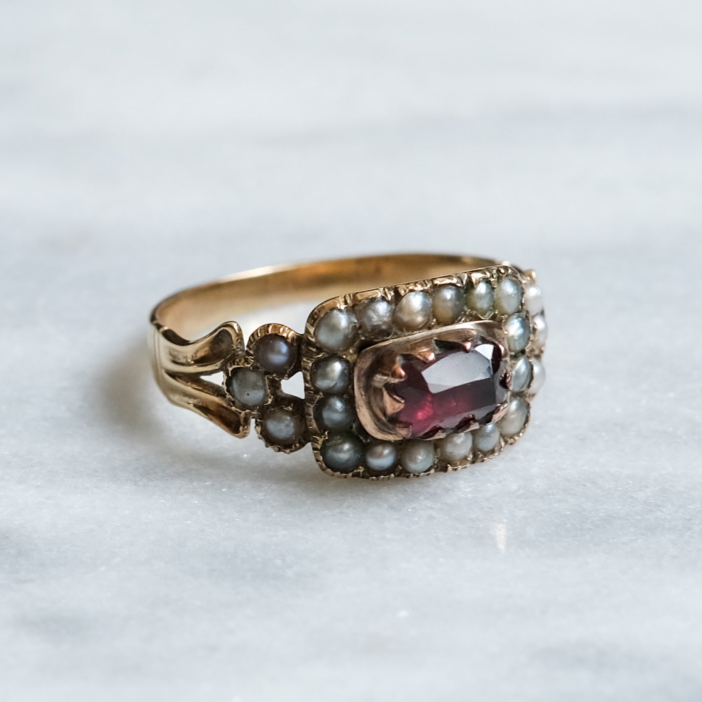 Georgian 14K Rose Gold Garnet and Seed Pearl Mourning Ring