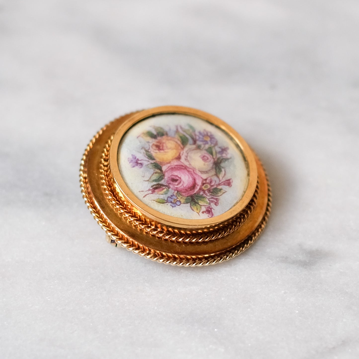 Antique 14K Rosy Gold Hand-Painted Floral Roses Brooch