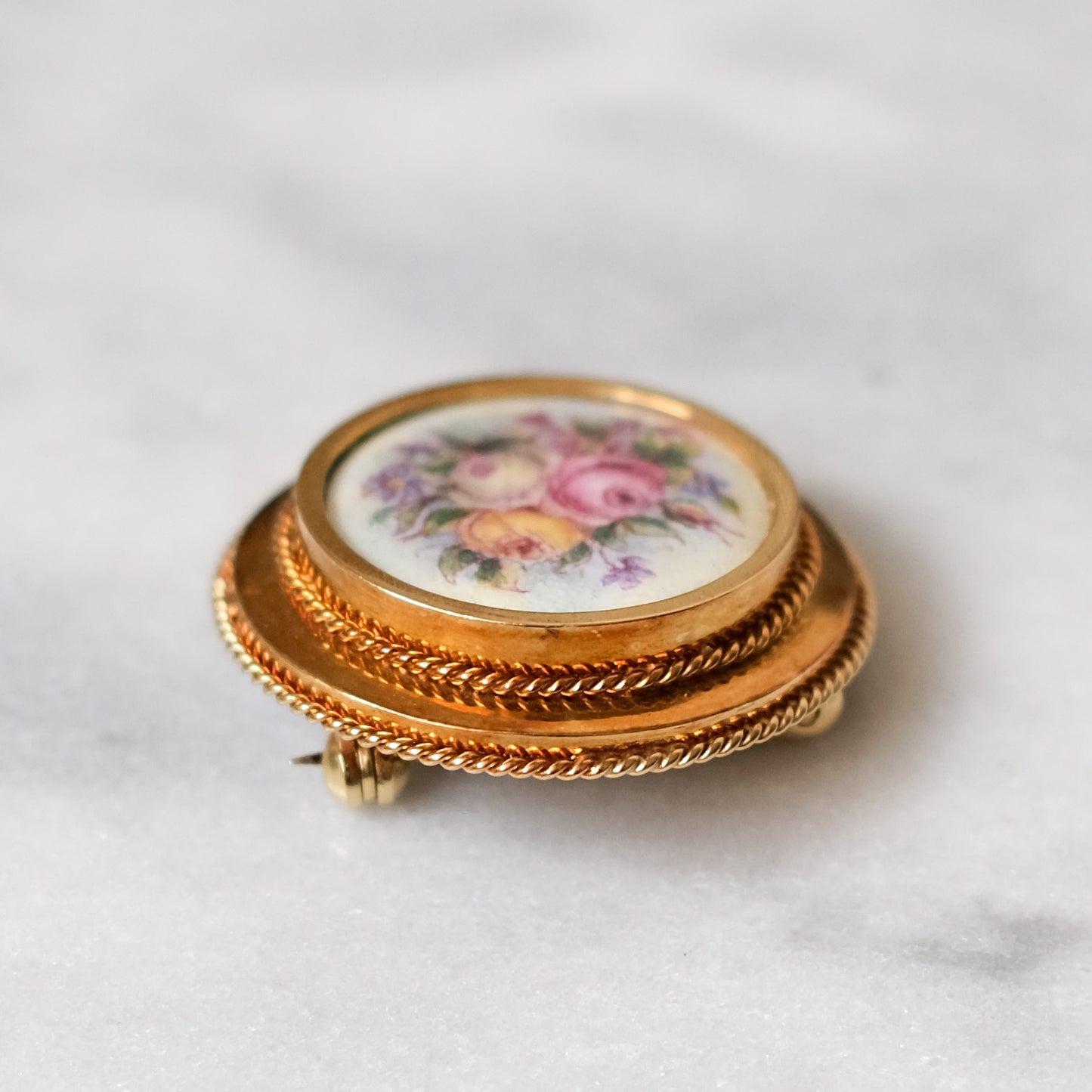 Antique 14K Rosy Gold Hand-Painted Floral Roses Brooch