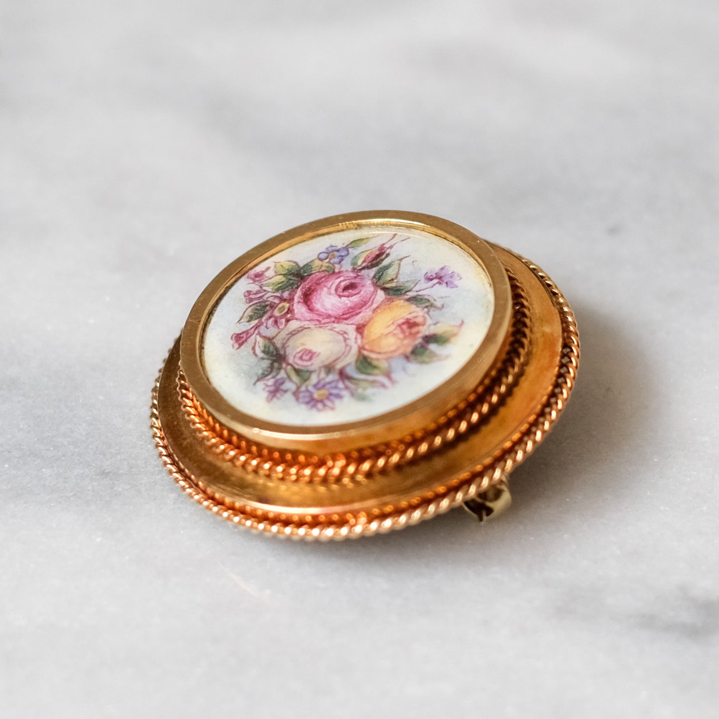 Antique 14K Rosy Gold Hand-Painted Floral Roses Brooch