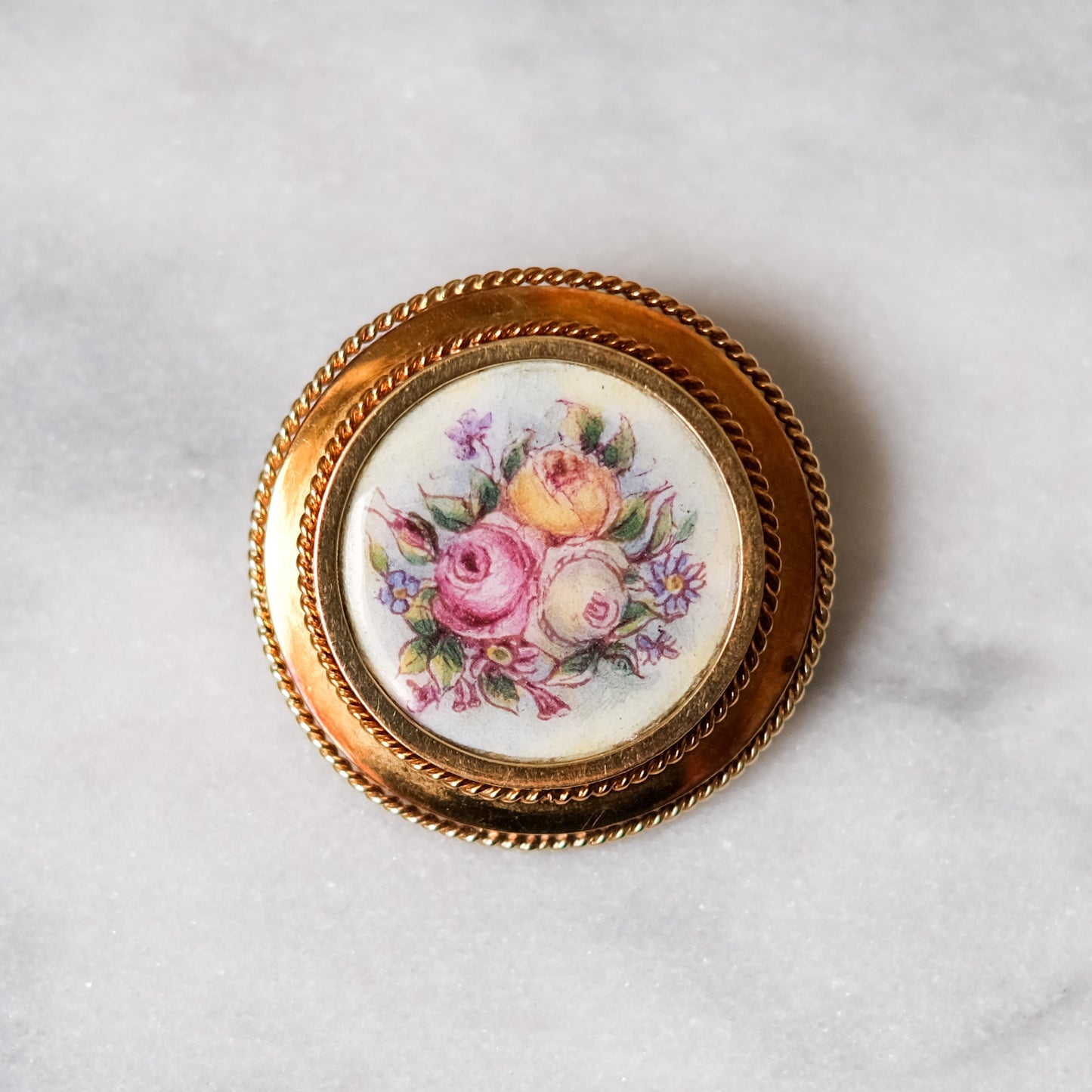 Antique 14K Rosy Gold Hand-Painted Floral Roses Brooch