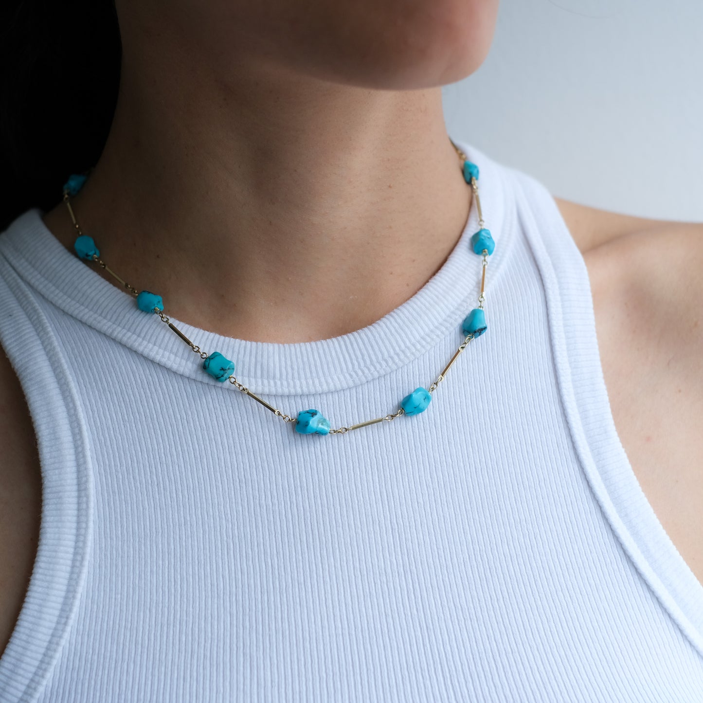 Vintage 14K Yellow Gold Bar-Link and Turquoise Station Necklace